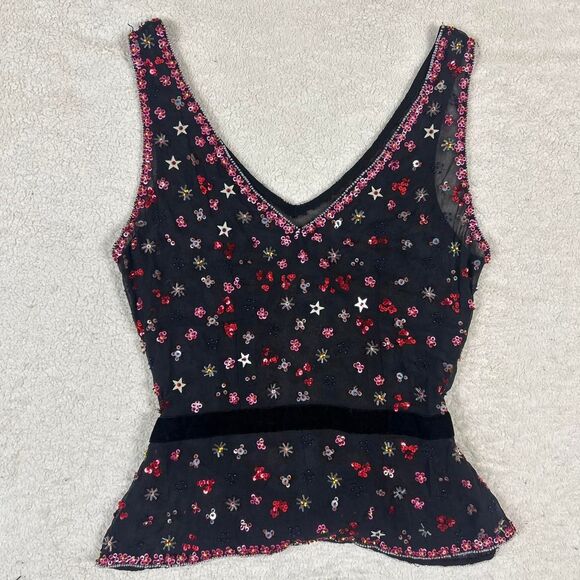 Insane One of a Kind Hand Sequined Velvet Tie Whimsigoth Fairy Sheer Mesh Top - Picture 1 of 6